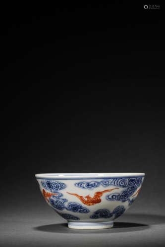 A Blue And White Iron Red Bats Clouds Bowl, Guangxu Mark