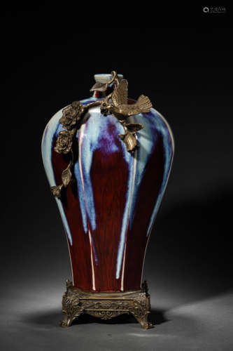 A Flambe Glaze Octagonal Bronze Inlay Vase