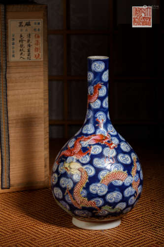 Blue and white colored dragon patterned vase Chinese Qing Dy...