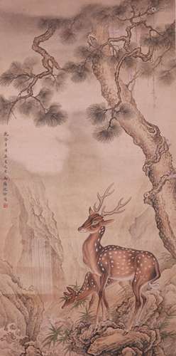 Shen Quan(沈銓)Pines and sika deer