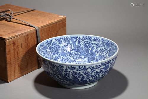 Large bowl of blue and white flowers and birds in Qing Dynas...