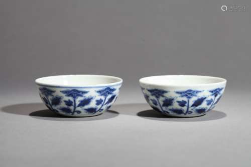 Blue flower tea cup two pieces Chinese Qing Dynasty