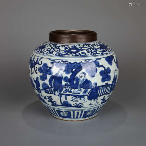 Blue and white flower figure porcelain vase China Ming Dynas...