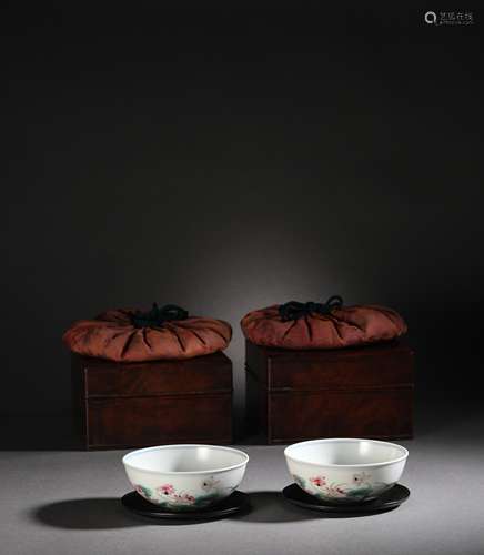 Color lotus and bird pattern tea bowl two pieces of Chinese ...