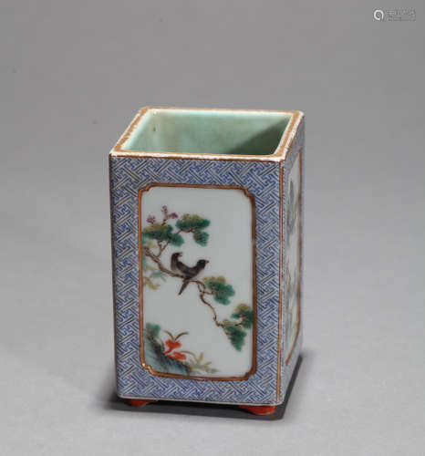 Colorful flower and bird pen holder Chinese Qing Dynasty