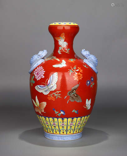 Colorful butterfly patterned porcelain vase Chinese Qing Dyn...