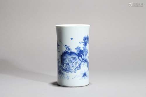 Blue and white elephant pattern pen holder Chinese Qing Dyna...