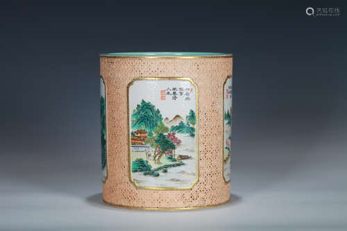 Colorful landscape pattern pen holder Chinese Qing Dynasty