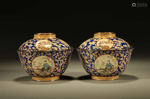 Pair of Bronze Enameled Character Pattern Lid Cup