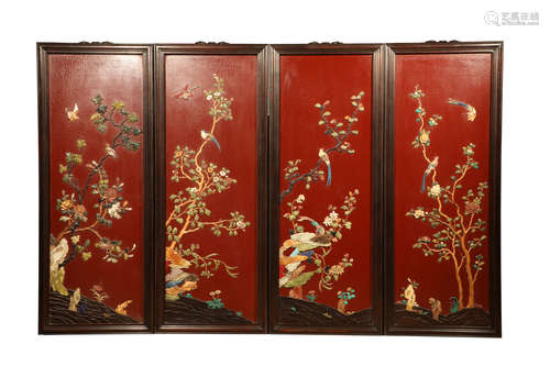 Four Multi Shoushan Stone Inlaid in Red Lacquerware with Red...