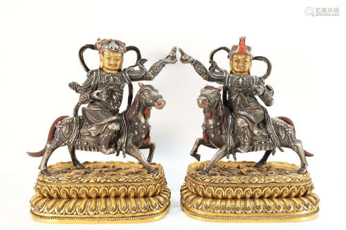 Pair of Gilt Silver Buddha Dharma Protector Figure Statue