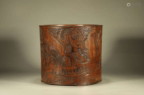 Huanghuali Carved Character with Landscape Brush Pot