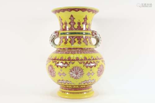 Yellow Base Red Glazed Flower Pattern Porcelain Vase