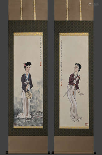 Pair of Chinese Beauty Painting, Xu Beihong Mark