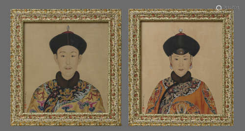 Pair of Qianlong Emperor and Queen Portrait, Lang Shining Ma...