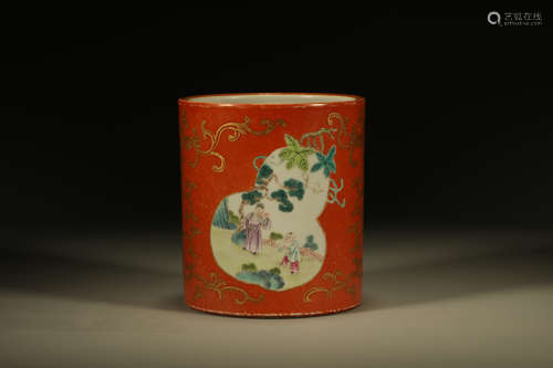 Orange Base Drawing Character Pattern Porcelain Brush Pot