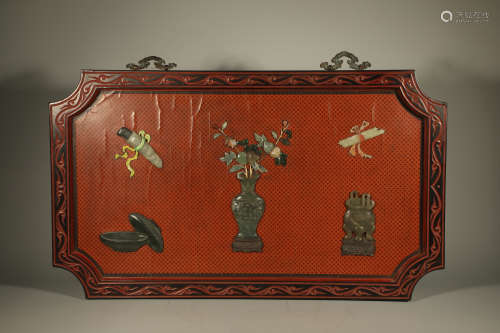 Jade Inlaid in Red Lacquerware Wall Panel