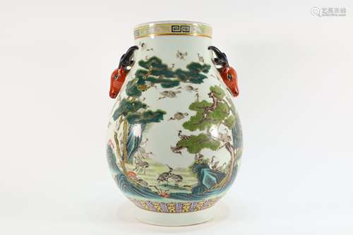 Famille Rose Crane with Pine Tree Pattern Dear Head Porcelai...