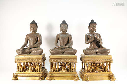 Group of Three Gilt Silver Buddha Figure Statue