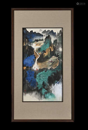 Chinese Landscape Painting with Wood Frame, Zhang Daqian Mar...