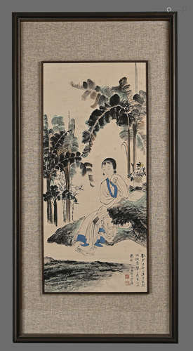 Chinese Beauty Under Tree Painting with Wood Frame, Zhang Da...