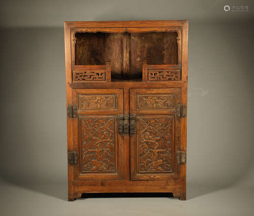 Huanghuali Wood Carved Bird with Flower Cabinet