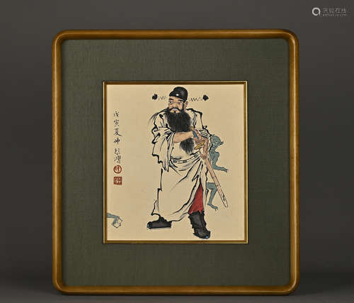 Chinese ZhongKui Painting with Wood Frame, Xu Beihong Mark