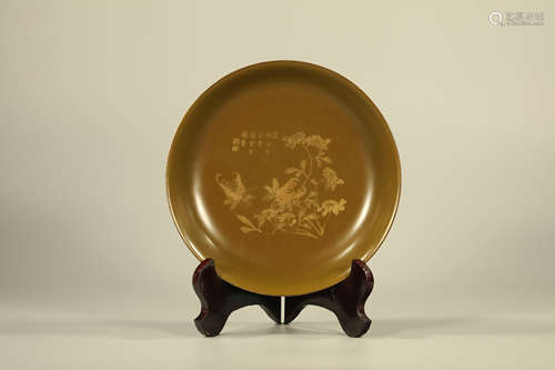 Tea Color Glazed Gold Drawing Flower Pattern Porcelain Plate