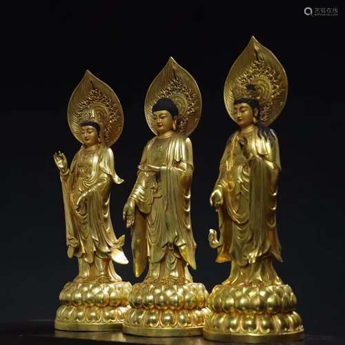 Group of Three Gilt Bronze Guan Yin Buddha Figure