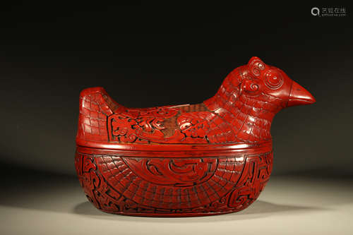 Red Lacquerware Bird with Poetry Lid Box