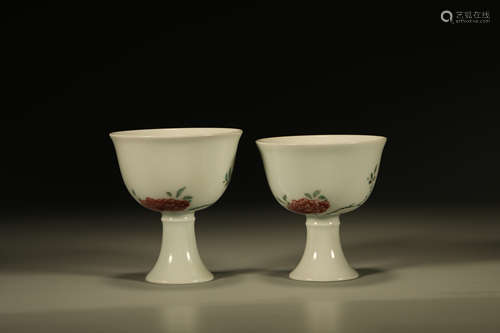 Two Famille Rose Red in Glazed Porcelain High Feet Cup