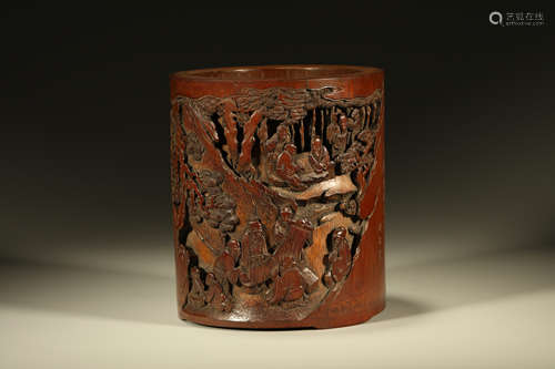 Bamboo Carved Character with Landscape Brush Pot