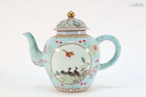 Blue Base Bird with Flower Pattern Porcelain Tea Pot