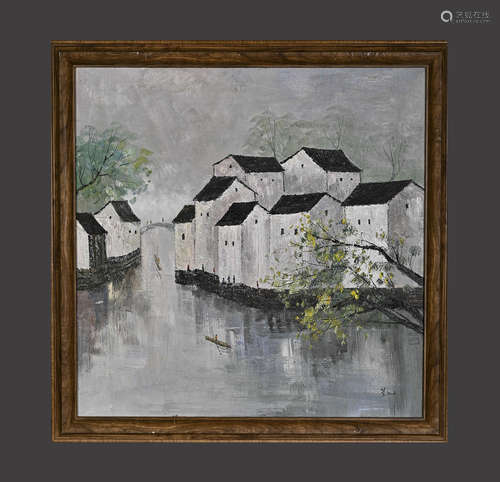 Chinese Hometown Painting with Wood Frame, Wu Guanzhong Mark