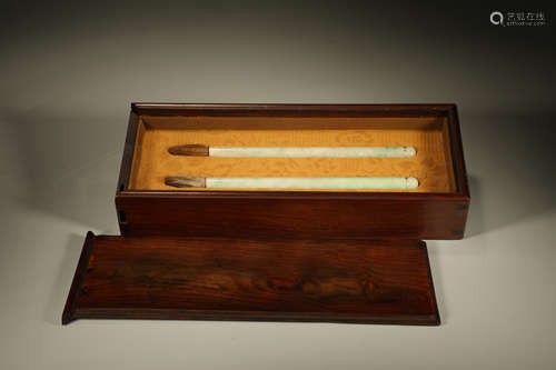 Pair of Jadeite Writing Pen with Wood Case