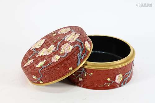 Flower Pattern Red Lacquerware Porcelain Lid Box