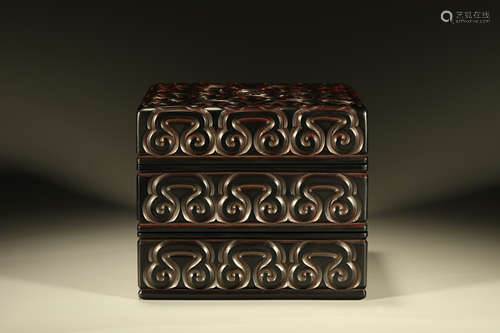 Black Lacquerware Ruyi Pattern Three Tray Box