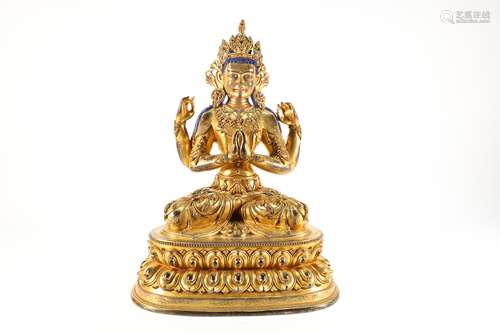 Gilt Bronze Four Arm GuanYin Figure Statue