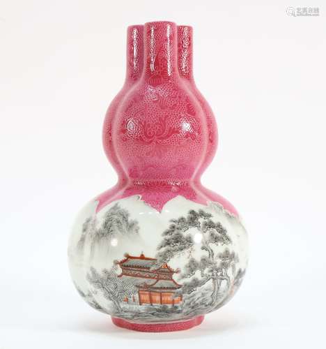 Pink Base Drawing Landscape Pattern Porcelain Gourd Shape Va...