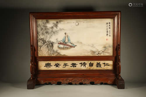 Marble Stone Inlaid Huanghuali Wood Table Plaque