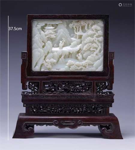 Jade Inlaid Character with Landscape Pattern Wood Table Plaq...