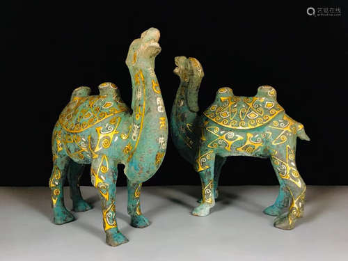 Pair of Gold and Silver Inlaid Bronze Camel Figure