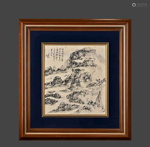 Chinese Landscape Painting with Wood Frame, Huang Binhong Ma...