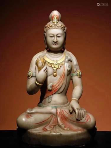 Colored White Stone Seated Buddha Figure Statue