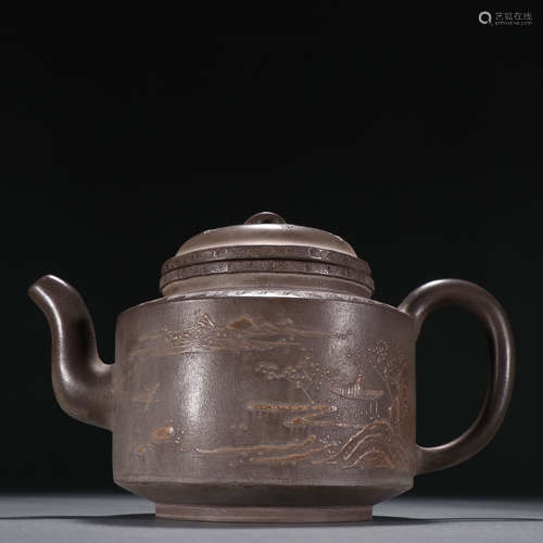 Purple Clay Carved Landscape Pattern Tea Pot