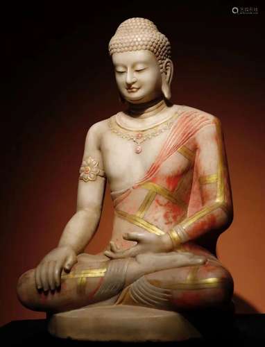 Colored White Stone Seated  Shakyamuni Figure Statue