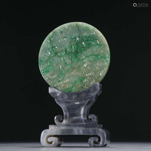 Jadeite Dragon with Phoenix Pattern Round Flake Table Plaque