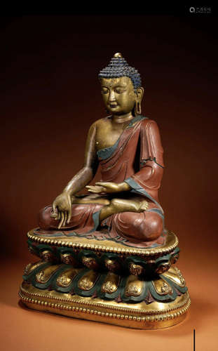 Painted Gilt Bronze Shakyamuni Figure Statue