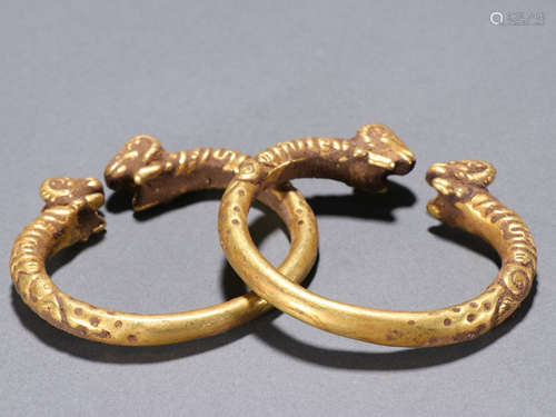 Pair of Gilt Bronze Ram Head Bangle