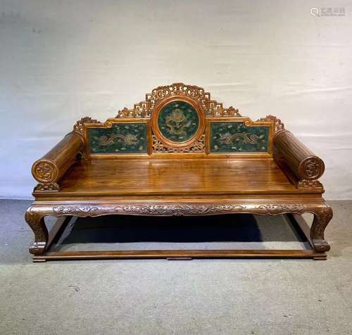 Green Jade Inlaid Dragon Pattern Huanghuali Wood Bed